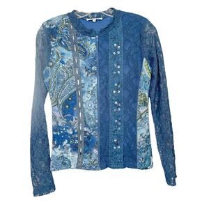 Vintage Jacqueline Riu Women's Lace Embellished Full Zip Blue Top, Small